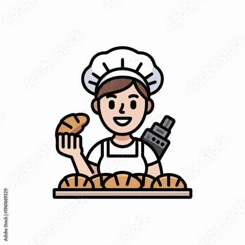 Smiling professional baker character wearing traditional chef hat holding freshly baked bread loaf vector illustration representing culinary expertise in bakery kitchen