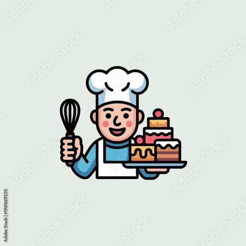 Friendly smiling chef character holding a whisk and serving a delicious layered cake platter on a minimalist solid background for culinary branding and food design