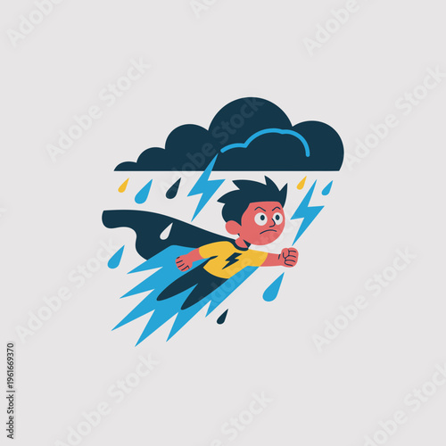 Cartoon superhero boy flying through stormy skies with lightning bolts and rain clouds in a flat vector illustration style featuring bold colors and energetic action pose