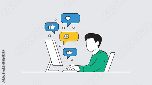 A man sitting at a computer with social media icons floating above his head