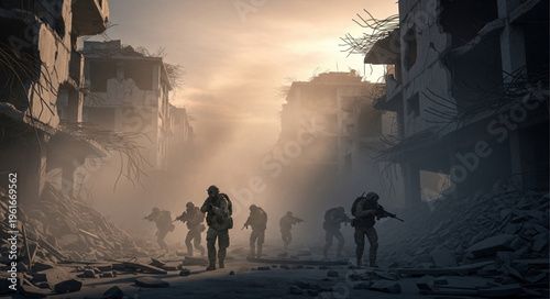 Soldiers Navigating a War-Torn Cityscape Amidst Dust and Debris.