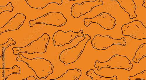 Cartoon chicken parts scattered on a warm orange background creating a seamless pattern for culinary food packaging design elements