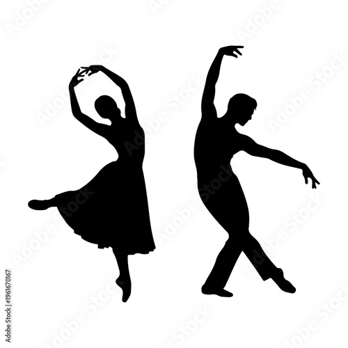 Silhouette of a male and female ballet dancers in motion.