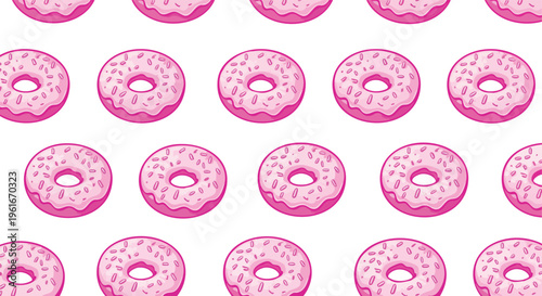 Pink frosted donuts arranged in a seamless repeat pattern on a clean white background a delightful dessert food illustration for confectionery design