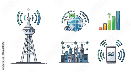 5G Network Technology Icons: Tower, Globe, City, Smartphone, Signal Bars
