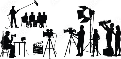 Film production crew silhouette, behind the scenes movie set, flat vector