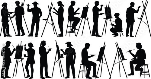 Group of artists painting at easels, creative studio silhouettes, flat vector
