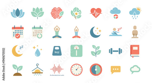 Wellness and Health Icons Set: Yoga, Sleep, Fitness, Nature, Brain, Heartbeat, Calendar