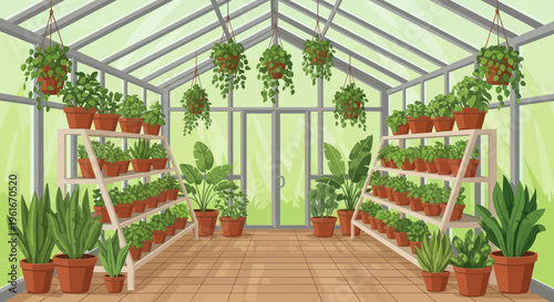 Lush Greenhouse Interior with Abundant Potted Plants and Hanging Baskets