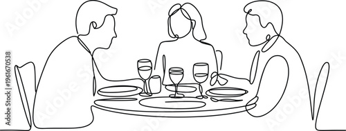 Flat vector continuous line drawing, three people dining table social gathering