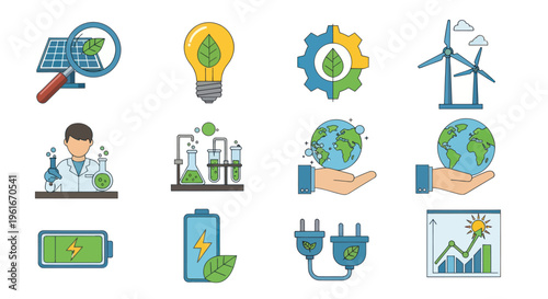 Green Energy Icons Set: Solar, Wind, Battery, Earth, Scientist, Innovation