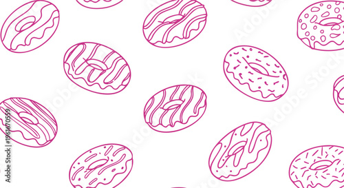 Delicious outlined donuts arranged in a continuous repeating pattern on a clean white background suitable for various modern design and artistic