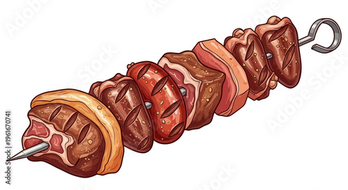 Assortment of grilled meats on a skewer, hand-drawn illustration