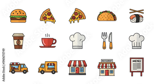Diverse Fast Food Icons: Burger, Pizza, Taco, Sushi, Coffee, Restaurant, Food Truck