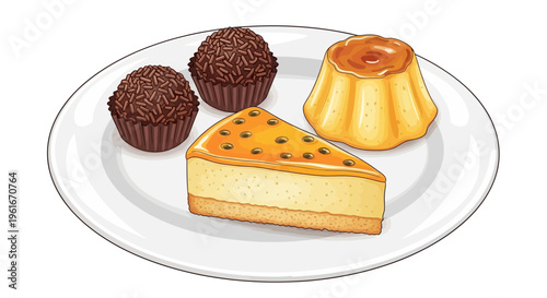 Assortment of Brazilian Desserts on Plate: Brigadeiro, Passion Fruit Cheesecake, Pudim