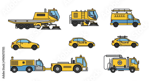 Set of Yellow Airport Service Vehicles and Cars, Vector Illustration