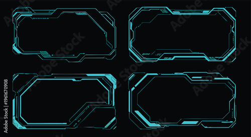 Futuristic user interface frames with light blue lines on a black background for technology design and digital media elements