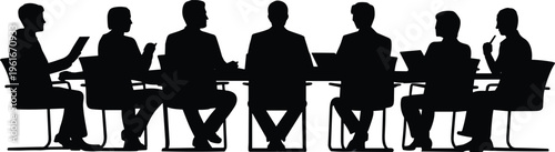 Corporate business meeting flat vector illustration with boardroom discussion silhouettes