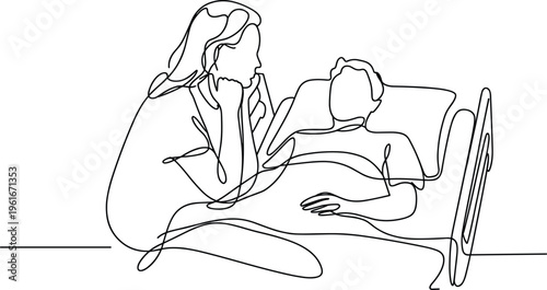 Continuous line art vector illustration of hospital care and companionship