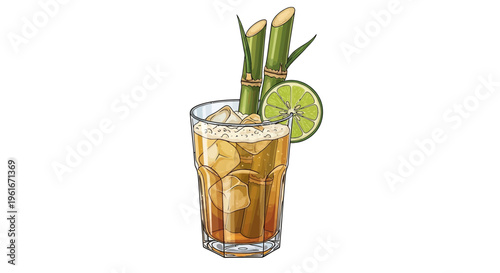 Refreshing sugarcane juice with lime and ice in a glass, illustration
