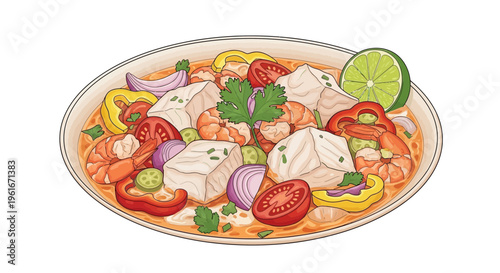 Seafood noodle soup with fish, shrimp, vegetables and lime