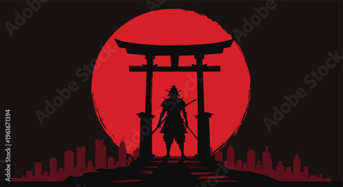 Samurai warrior silhouette standing before a torii gate with a red sun over a modern city skyline for a striking graphic design element