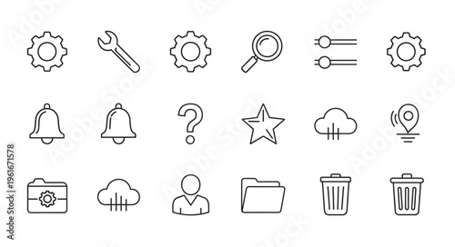 Hand-drawn icon set featuring settings, search, notifications, and user interface elements.