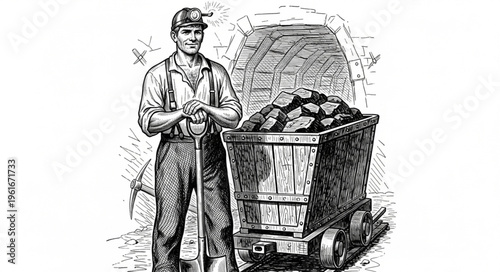 Vintage Coal Miner Illustration with Cart Full of Coal.