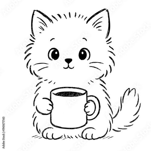 Cute cat holding a cup of coffee. The cat is holding the cup with its paws and has a smile on its face. Concept of warmth and comfort, as if the cat is enjoying a cozy moment with its coffee