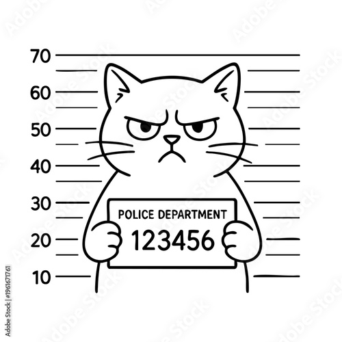 Cat is holding a police department ID card and is being arrested. The cat is angry and is holding the ID card in a way that makes it look like he is being forced to do so