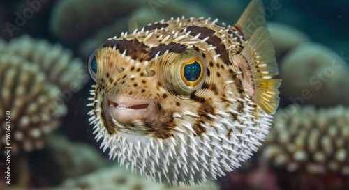 Pufferfish Swimming Underwater Near A Beautiful Natural Coral Reef