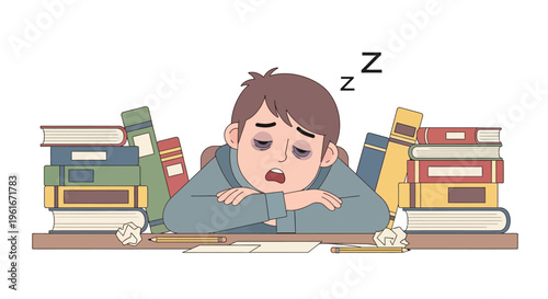 Exhausted student sleeping on books and desk, symbolizing academic burnout and the need for rest