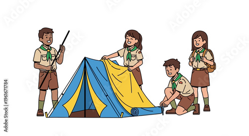A group of enthusiastic young scouts collaborating to pitch a colorful tent, symbolizing teamwork and the spirit of outdoor adventure and learning through practical skills