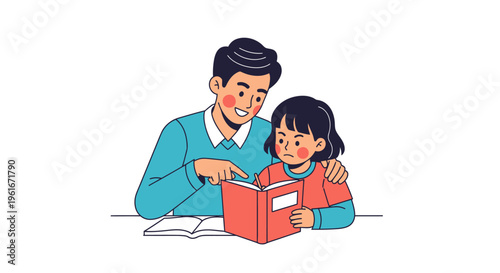 Father and daughter reading a book together, fostering education and bonding time in a warm, domestic setting, illustrating a moment of shared learning and family connection