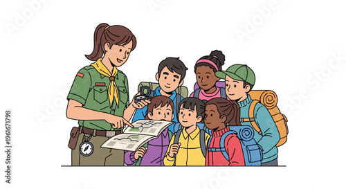 A dedicated scout leader demonstrates map reading and navigation skills to an attentive and diverse group of young campers during an engaging outdoor education session