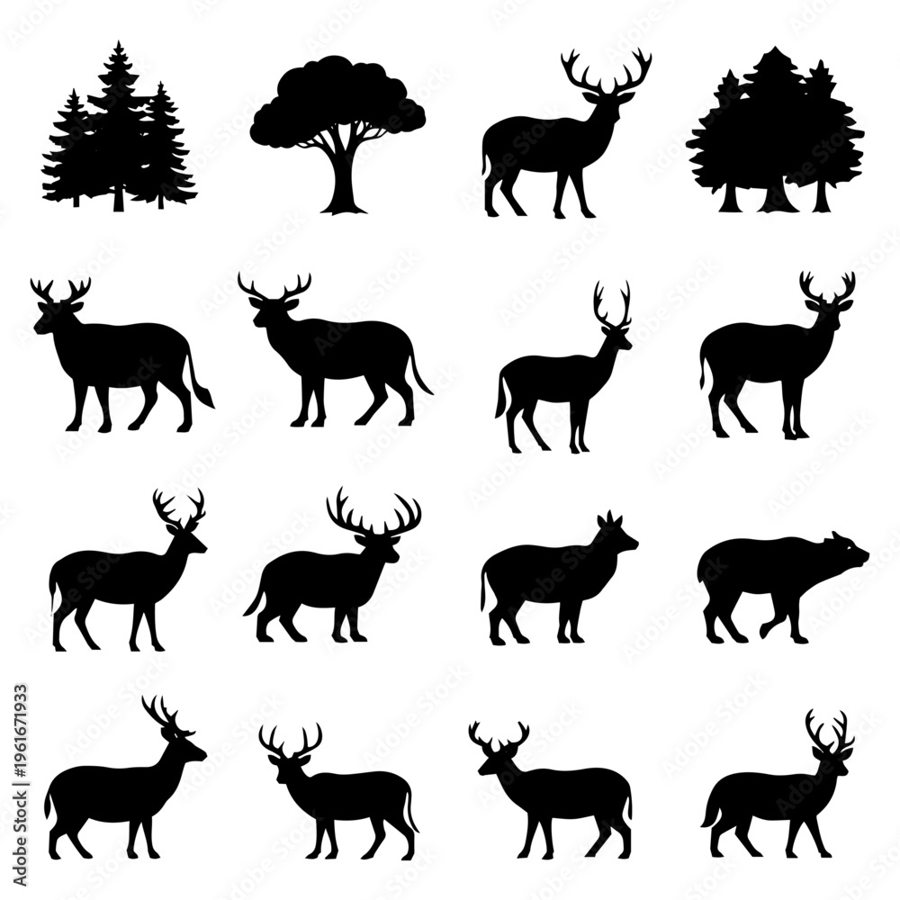 Obraz premium Collection of diverse deer silhouettes in various poses and tree shapes, creating a natural forest scene illustration