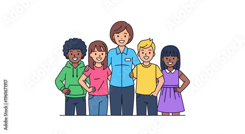 Diverse group of happy children and a teacher standing together, celebrating unity and learning in a classroom or community setting