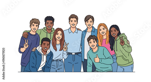 Group of diverse young people smiling and posing for a photo, showing friendship and togetherness