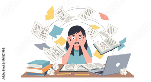 Overwhelmed student feeling immense academic pressure and anxiety, surrounded by flying papers and textbooks, struggling with study stress and mental fatigue