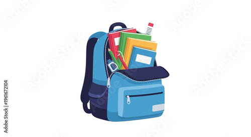 Vibrant blue school backpack filled with books, notebooks, pens, and essential learning supplies, representing readiness for academic success and student adventures