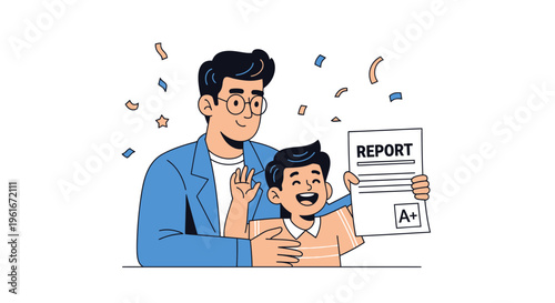 A proud father congratulates his son on a great report card with an A+ showing success and achievement