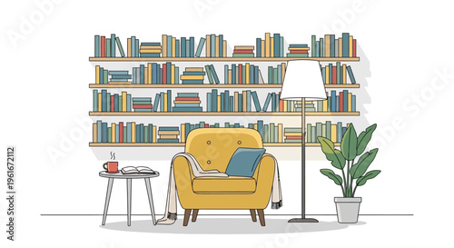 Cozy reading nook illustration featuring yellow armchair, floor lamp, and bookshelf filled with books. Ideal inviting home space for relaxation and study