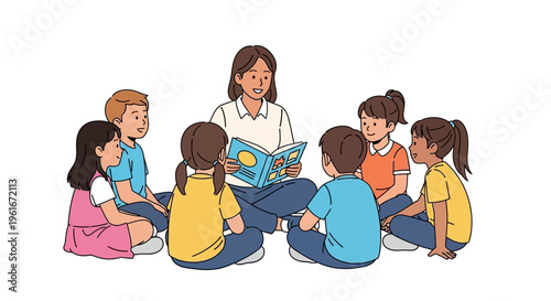 A teacher reads a storybook to a group of attentive children sitting in a circle, fostering a love for reading and learning