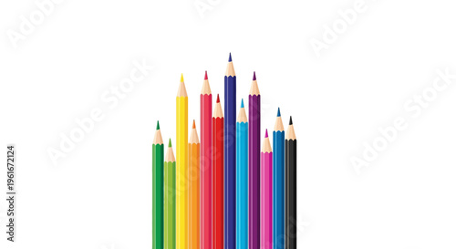 A vibrant array of sharpened colored pencils reaching upwards, symbolizing creativity and artistic expression on a white background
