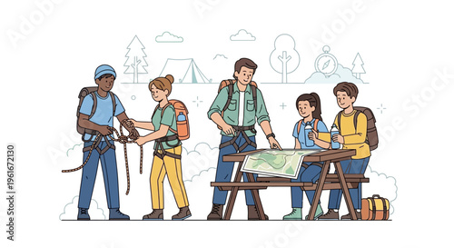 A diverse group of friends preparing for an exciting outdoor adventure, collaboratively planning their hiking route with maps and checking gear for a wilderness journey
