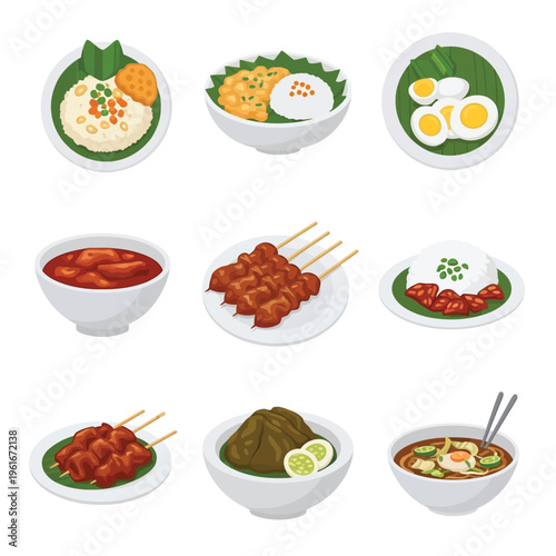 A collection of various traditional Indonesian and Southeast Asian dishes, including rice meals, satay skewers, spicy sambal, and flavorful soups, presented in bowls and on plates.