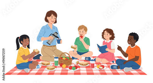 Happy diverse children and a caring teacher or parent enjoy a cheerful outdoor picnic, sharing food, drinks, and stories on a sunny day
