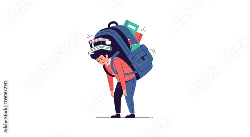 Illustration of a student struggling under a giant, overflowing backpack packed with books, symbolizing academic burden, heavy workload, and the overwhelming pressure of studies