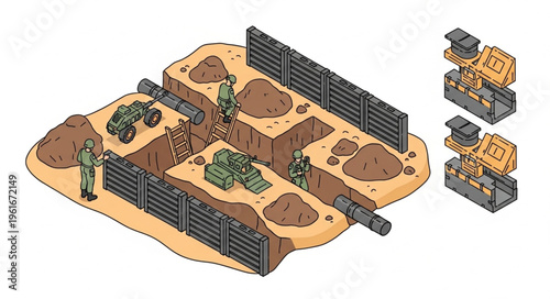 Isometric View of Military Trench Warfare with Soldiers and Vehicles.