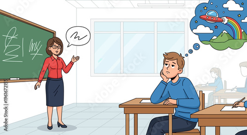 Student daydreaming about UFOs and fantasy worlds during a boring class lecture on the blackboard